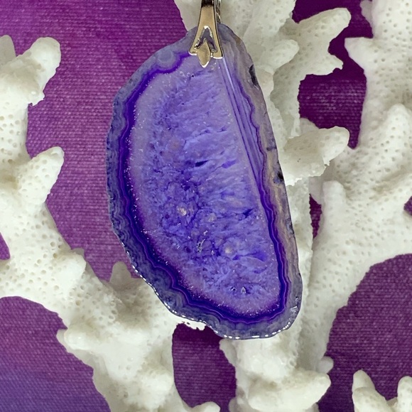 Purple Onyx Druzy Geode Agate Pendant Necklace on Waxed Cotton Cord Handmade - Picture 7 of 16